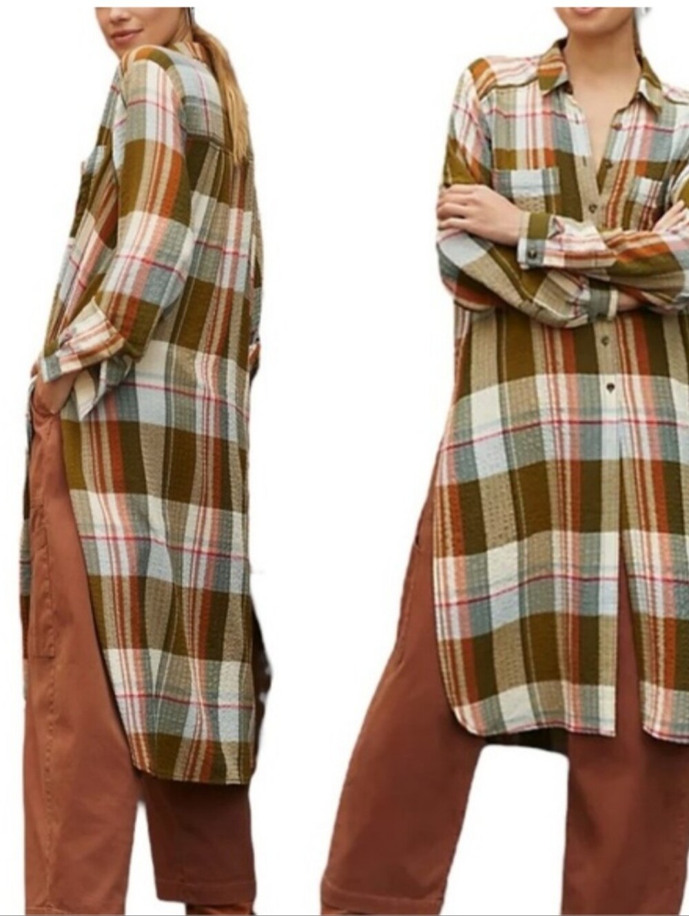 PILCRO x ANTHROPOLOGIE Side Slit Maxi Plaid Tunic Button Down Shirt